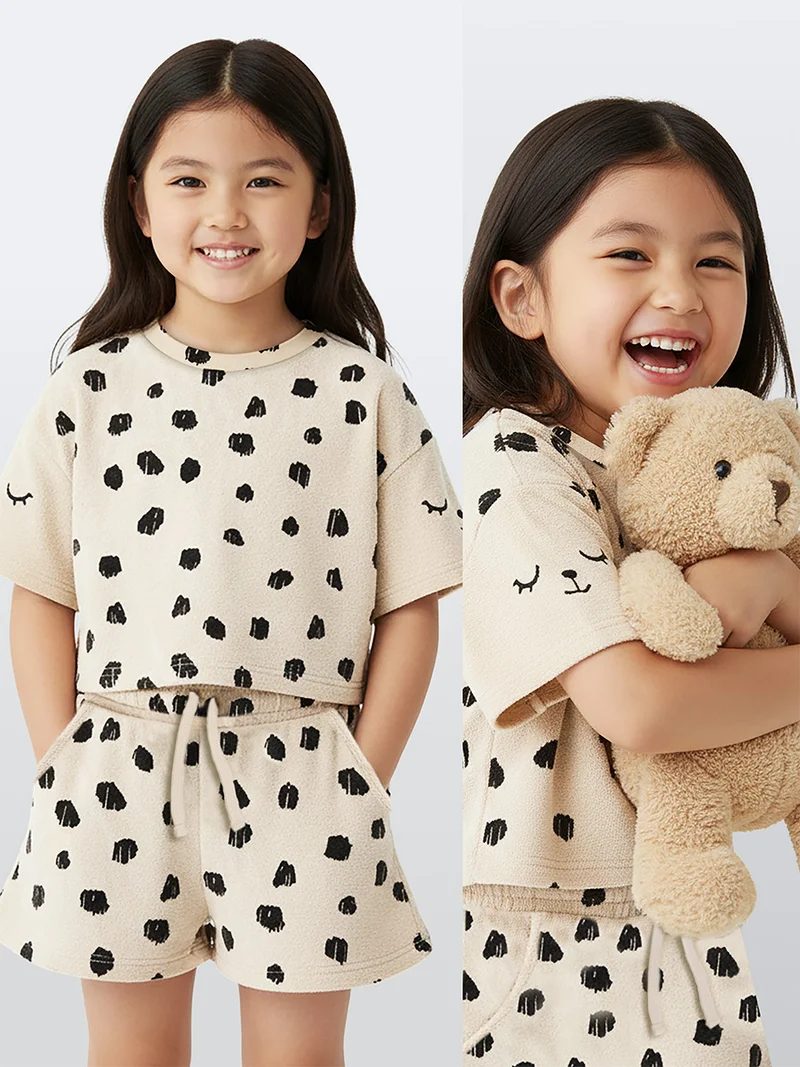 دينوكيدس Girls’ Two-Piece Set Terry Cloth T-shirt&Shorts Leopard